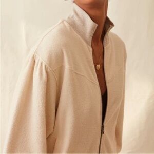 Grey State Fuzzy Full Zip Up Natural Cream Bomber Jacket Pockets Puff Sleeve XS